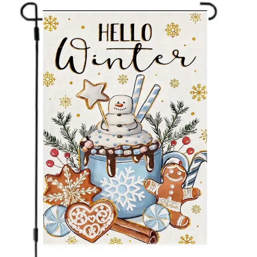 Garden flag, Hello Winter, 12” x 18”, thick burlap polyester double-sided